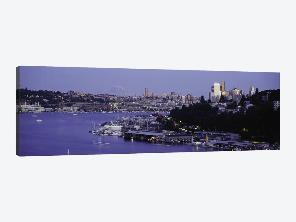 City skyline at the lakeside with Mt Rainier in the background, Lake Union, Seattle, King County, Washington State, USA by Panoramic Images 1-piece Canvas Art