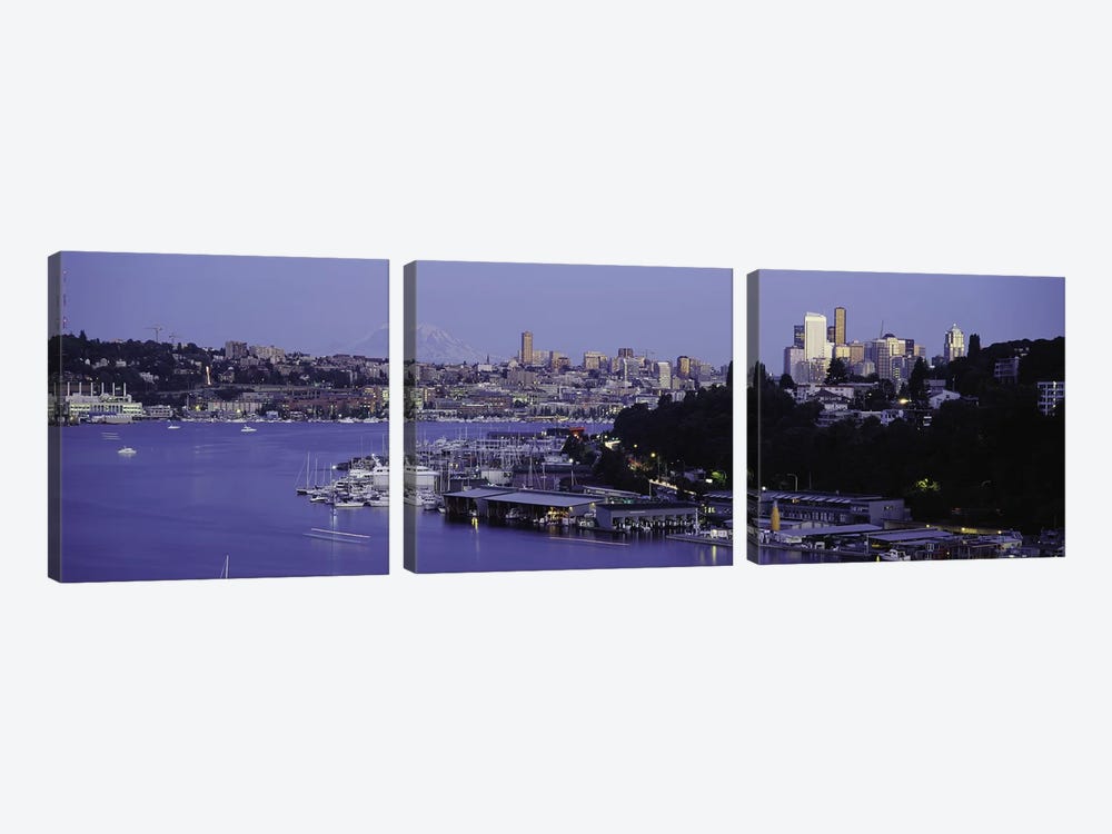 City skyline at the lakeside with Mt Rainier in the background, Lake Union, Seattle, King County, Washington State, USA by Panoramic Images 3-piece Canvas Wall Art