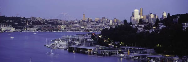 Seattle: City skyline at the lakeside with Mt Rainier in the background, Lake Union, Seattle, King County, Washington State, USA by Panoramic Images