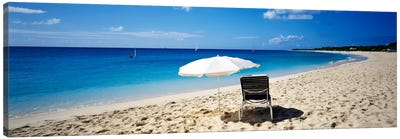 Single Beach Chair And Umbrella On Sand, Saint Martin, French West Indies Canvas Art Print - Caribbean Art