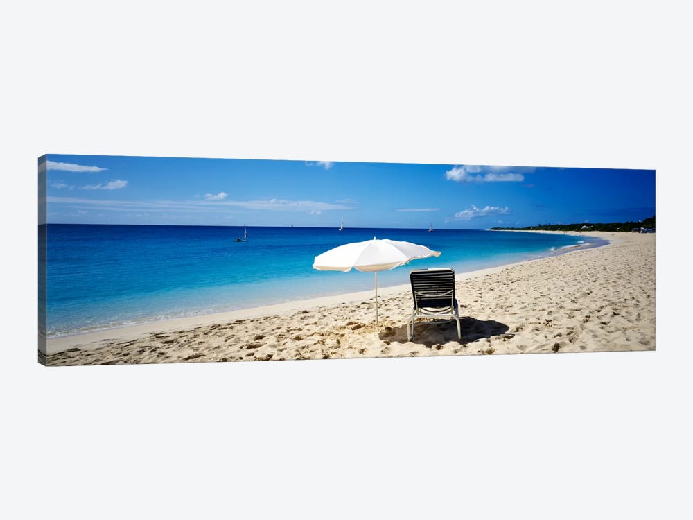 Single Beach Chair And Umbrella On Sand, Saint Martin, French West Indies by Panoramic Images 1-piece Canvas Artwork
