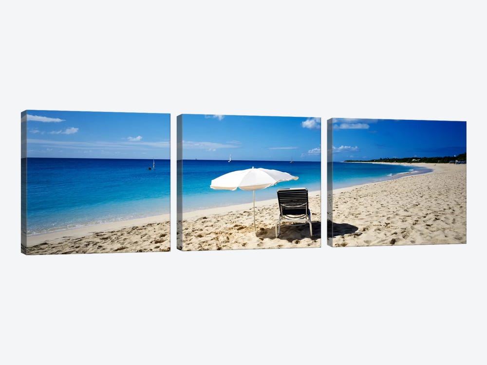 Single Beach Chair And Umbrella On Sand, Saint Martin, French West Indies by Panoramic Images 3-piece Canvas Artwork