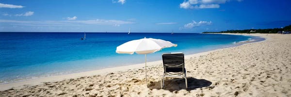 Furniture: Single Beach Chair And Umbrella On Sand, Saint Martin, French West Indies by Panoramic Images