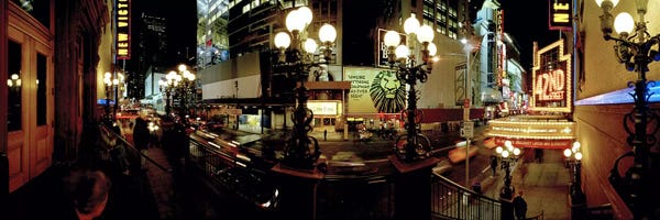 Broadway & Musicals: 360 degree view of a city lit up at night, Broadway, Manhattan, New York City, New York State, USA by Panoramic Images