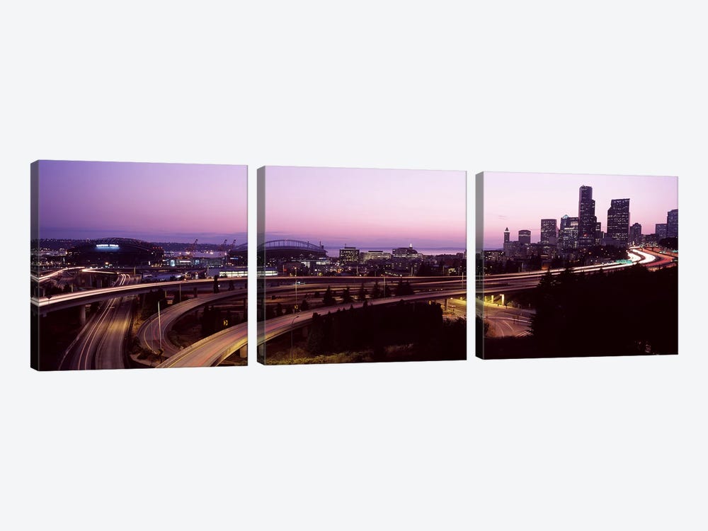 City lit up at dusk, Seattle, King County, Washington State, USA 2010 by Panoramic Images 3-piece Canvas Print