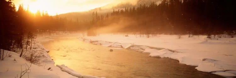 Stream Flowing Through A Snowy Forest Landscape, British Columbia, Canada