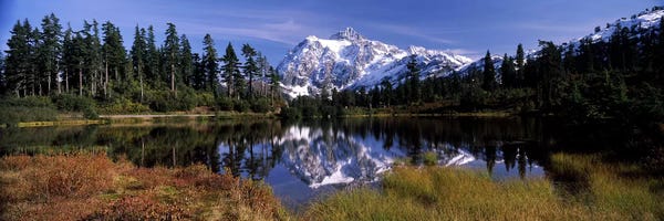 Cascade Range: Reflection of mountains in a lake, Mt Shuksan, Picture Lake, North Cascades National Park, Washington State, USA by Panoramic Images