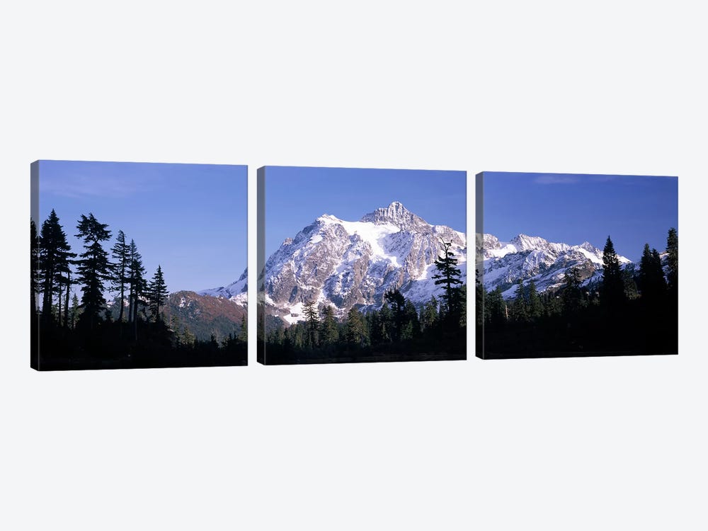 Mountain range covered with snow, Mt Shuksan, Picture Lake, North Cascades National Park, Washington State, USA by Panoramic Images 3-piece Canvas Art Print