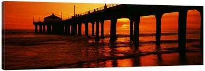 Silhouette of a pier at sunset, Manhattan Beach Pier, Manhattan Beach, Los Angeles County, California, USA Canvas Art Print - Dock & Pier Art