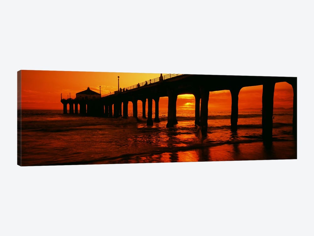 Silhouette of a pier at sunset, Manhattan Beach Pier, Manhattan Beach, Los Angeles County, California, USA by Panoramic Images 1-piece Canvas Print