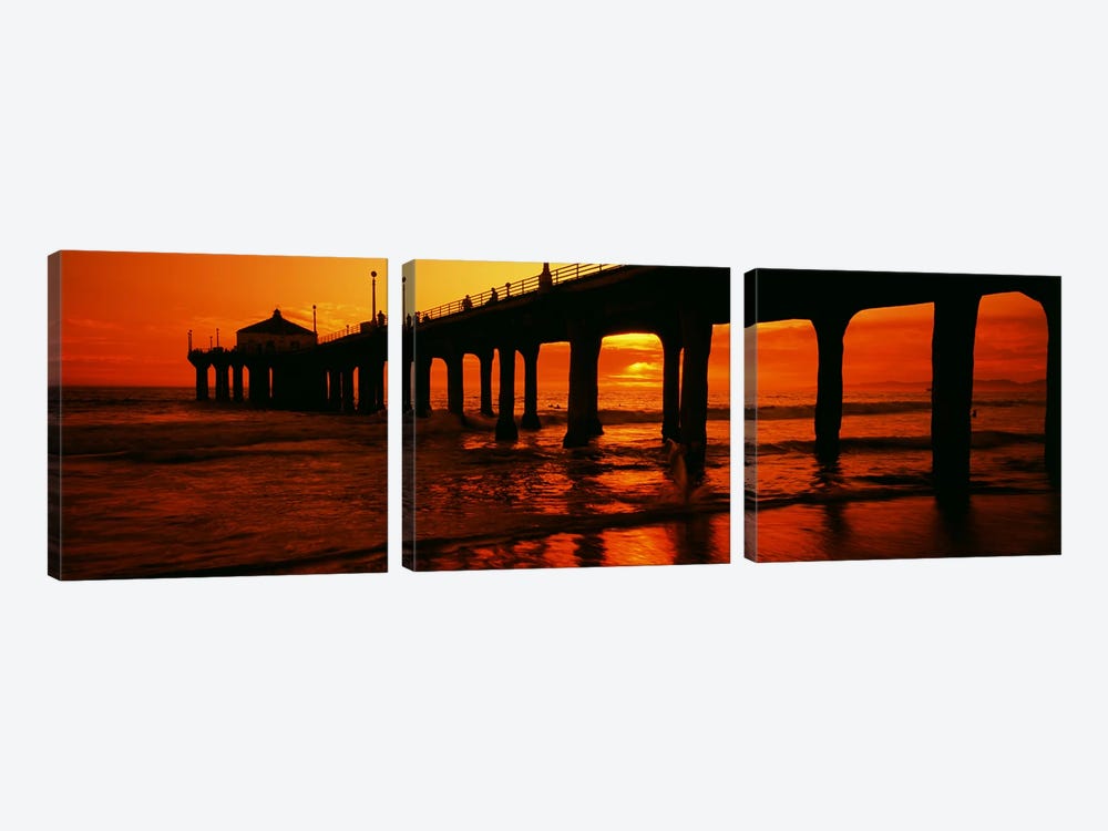 Silhouette of a pier at sunset, Manhattan Beach Pier, Manhattan Beach, Los Angeles County, California, USA by Panoramic Images 3-piece Canvas Art Print