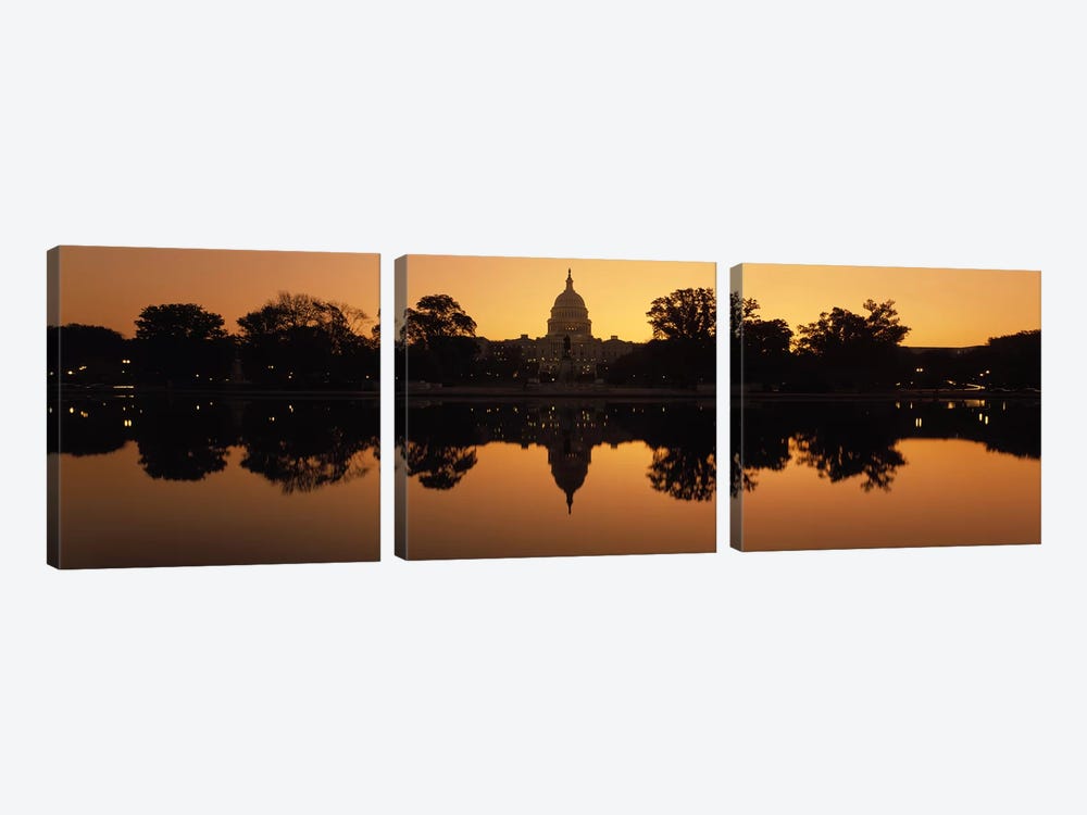Reflection of a government building in water at duskCapitol Building, Washington DC, USA by Panoramic Images 3-piece Canvas Art Print