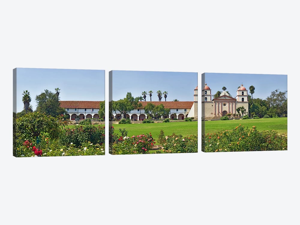 Garden in front of a mission, Mission Santa Barbara, Santa Barbara, Santa Barbara County, California, USA by Panoramic Images 3-piece Canvas Print