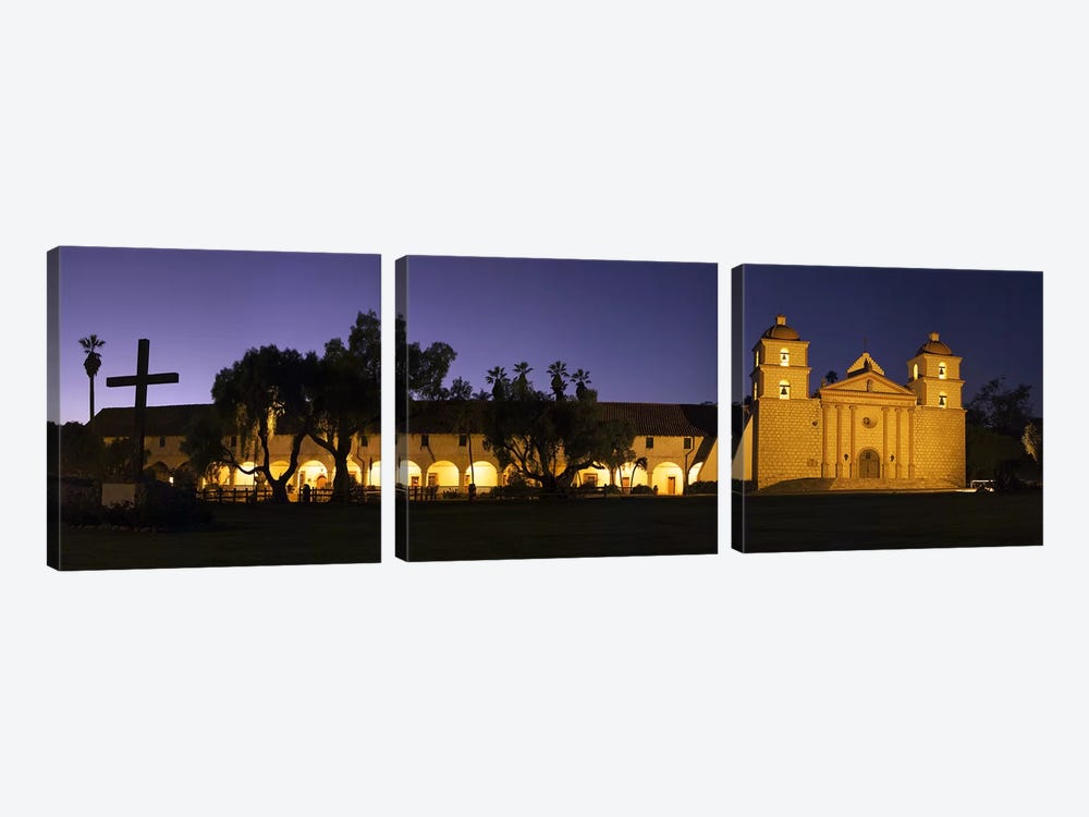 Mission lit up at night, Mission Santa Barbara, Santa Barbara, Santa Barbara County, California, USA by Panoramic Images 3-piece Canvas Artwork