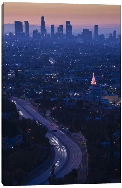 High angle view of highway 101 at dawn, Hollywood Freeway, Hollywood, Los Angeles, California, USA Canvas Art Print - Los Angeles Art