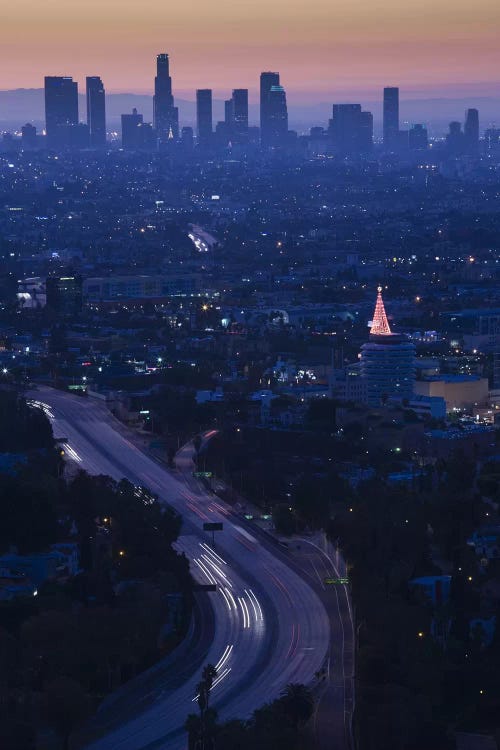 High angle view of highway 101 at dawn, Hollywood Freeway, Hollywood, Los Angeles, California, USA by Panoramic Images wall art