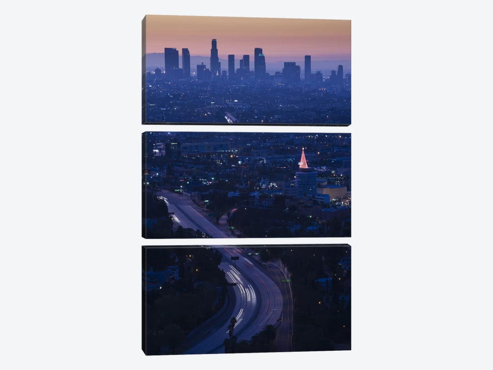 High angle view of highway 101 at dawn, Hollywood Freeway, Hollywood, Los Angeles, California, USA by Panoramic Images 3-piece Art Print