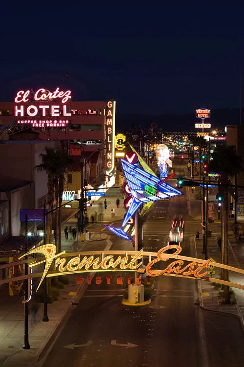 Neon casino signs lit up at dusk, El Cortez, Fremont Street, The Strip, Las Vegas, Nevada, USA