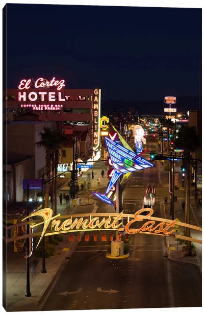 Neon casino signs lit up at dusk, El Cortez, Fremont Street, The Strip, Las Vegas, Nevada, USA Canvas Art Print - Signs
