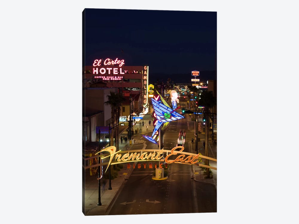 Neon casino signs lit up at dusk, El Cortez, Fremont Street, The Strip, Las Vegas, Nevada, USA by Panoramic Images 1-piece Canvas Print