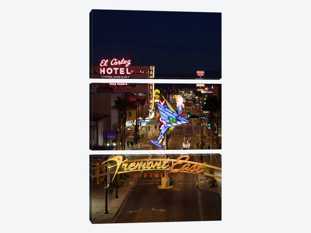 Neon casino signs lit up at dusk, El Cortez, Fremont Street, The Strip, Las Vegas, Nevada, USA by Panoramic Images 3-piece Canvas Art Print