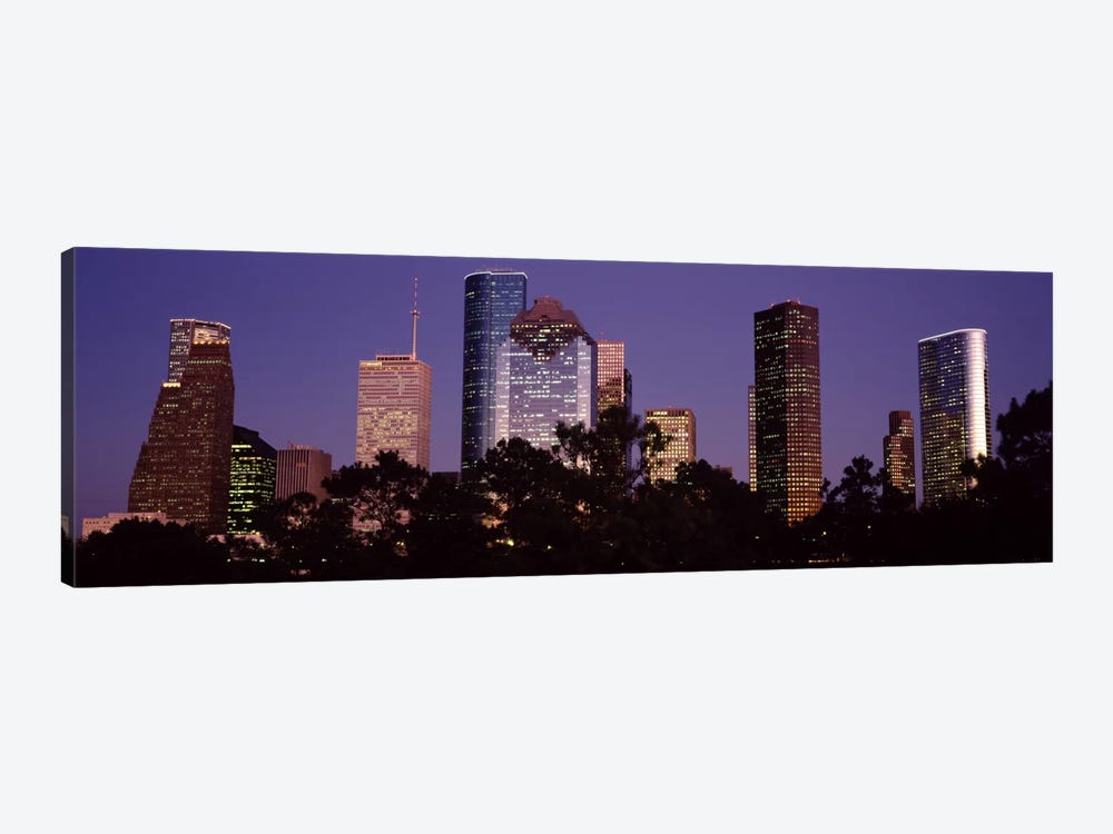 Buildings in a city lit up at duskHouston, Harris county, Texas, USA by Panoramic Images 1-piece Art Print