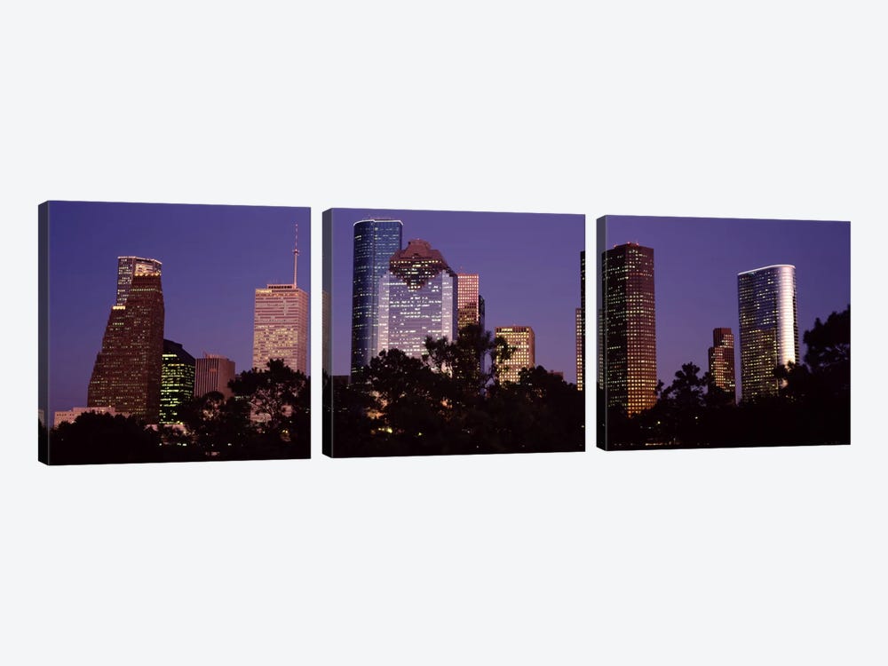 Buildings in a city lit up at duskHouston, Harris county, Texas, USA by Panoramic Images 3-piece Art Print