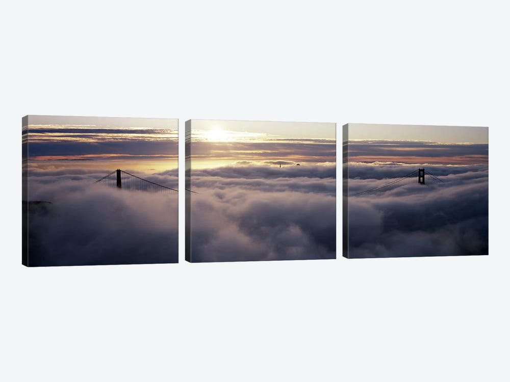 Suspension bridge covered with fog viewed from Hawk Hill, Golden Gate Bridge, San Francisco Bay, San Francisco, California, USA by Panoramic Images 3-piece Canvas Print