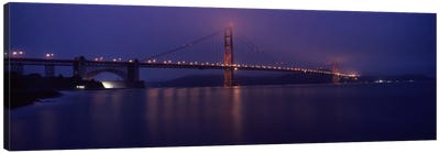Suspension bridge lit up at dawn viewed from fishing pier, Golden Gate Bridge, San Francisco Bay, San Francisco, California, USA Canvas Art Print - San Francisco Art