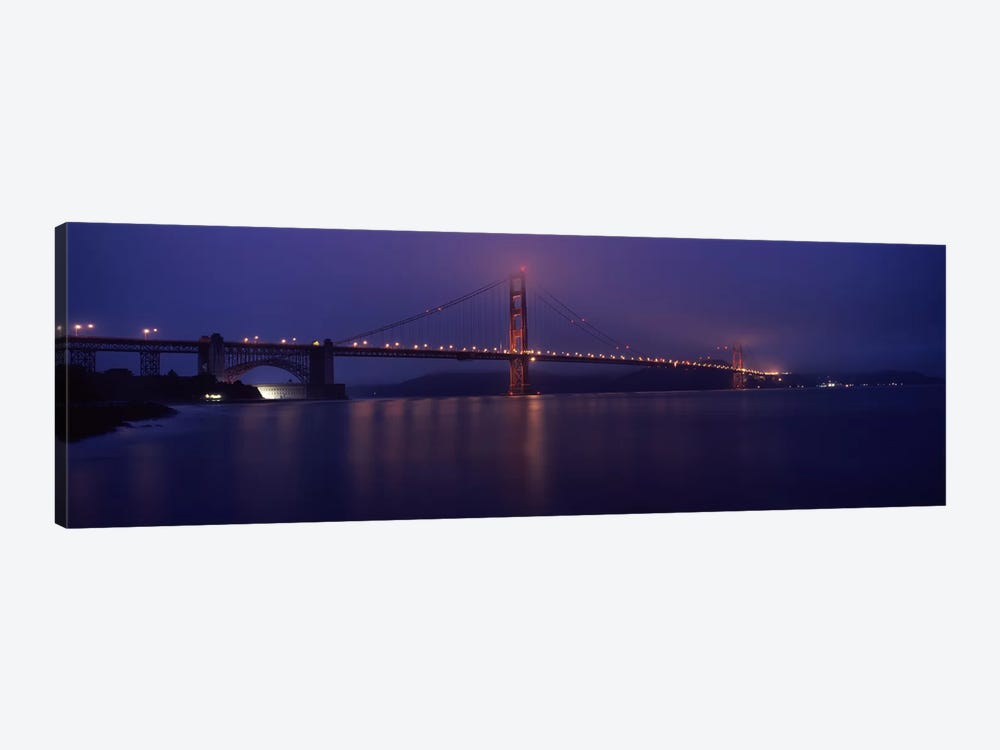 Suspension bridge lit up at dawn viewed from fishing pier, Golden Gate Bridge, San Francisco Bay, San Francisco, California, USA by Panoramic Images 1-piece Canvas Wall Art