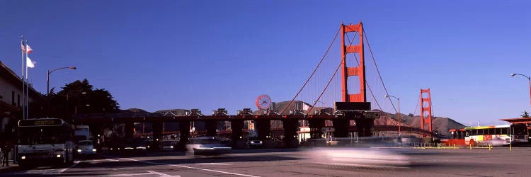 Toll booth with a suspension bridge in the background, Golden Gate Bridge, San Francisco Bay, San Francisco, California, USA