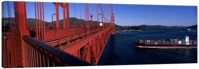 Container ship passing under a suspension bridge, Golden Gate Bridge, San Francisco Bay, San Francisco, California, USA Canvas Art Print - Golden Gate Bridge