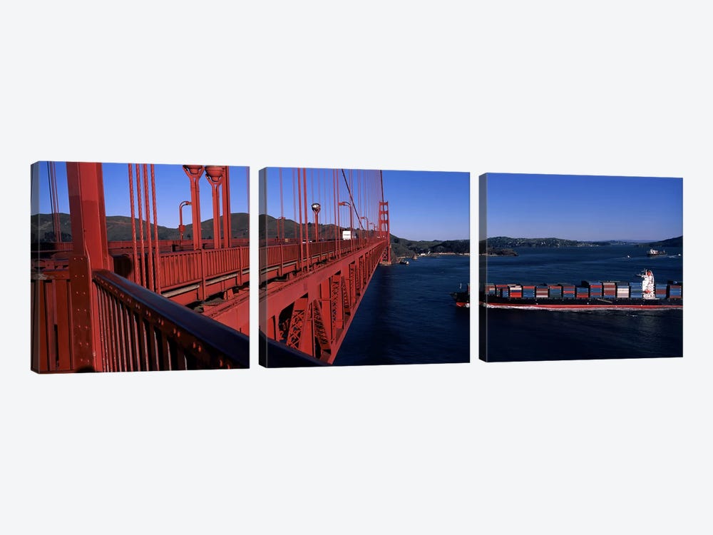 Container ship passing under a suspension bridge, Golden Gate Bridge, San Francisco Bay, San Francisco, California, USA by Panoramic Images 3-piece Canvas Wall Art