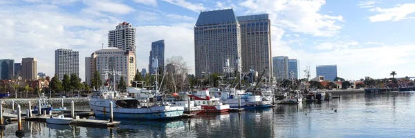 San Diego Skylines: Fishing boats docked at a marina, San Diego, California, USA by Panoramic Images