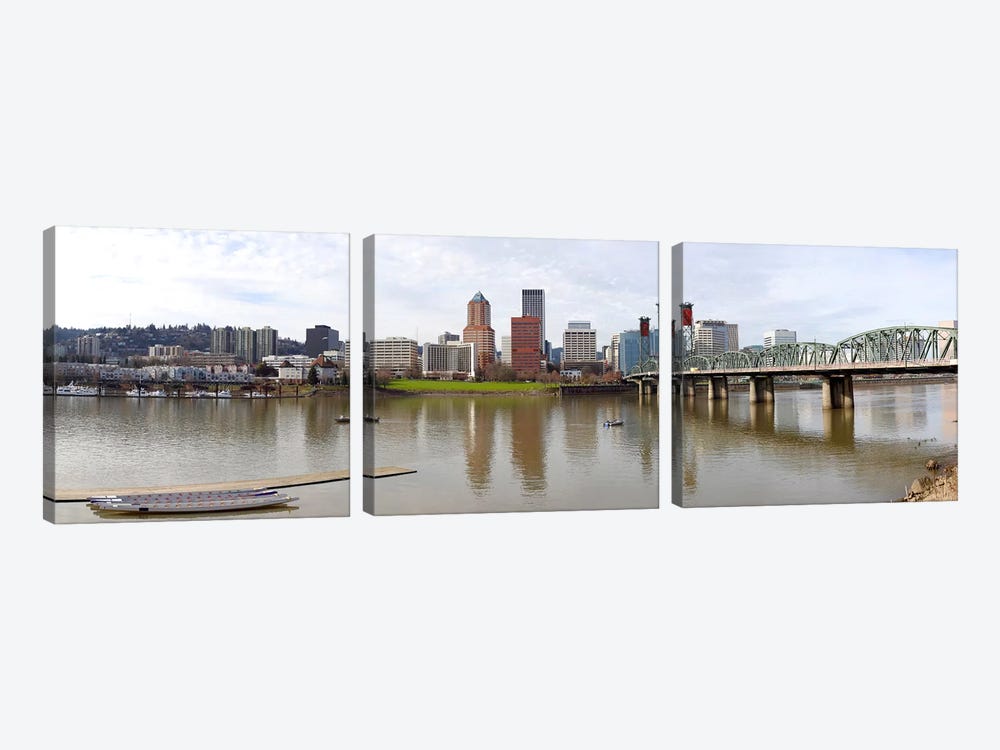 Buildings at the waterfront, Willamette River, Portland, Multnomah County, Oregon, USA 2010 by Panoramic Images 3-piece Canvas Artwork