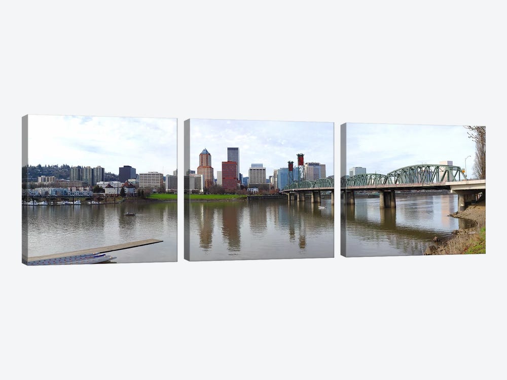 Bridge across a river with city skyline in the background, Willamette River, Portland, Oregon 2010 by Panoramic Images 3-piece Art Print