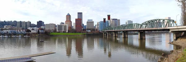 Bridge across a river with city skyline in the background, Willamette River, Portland, Oregon 2010