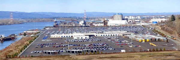 Oregon: High angle view of large parking lots, Willamette River, Portland, Multnomah County, Oregon, USA by Panoramic Images