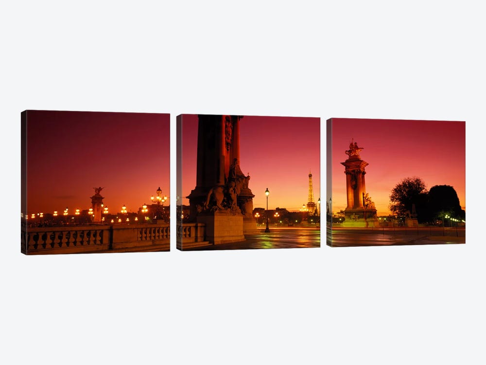 Distant View Of The Eiffel Tower Through Pont Alexandre III Socles, Paris, France by Panoramic Images 3-piece Canvas Artwork