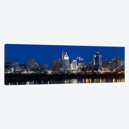 Cincinnati skyline and John A. Roebling Suspension Bridge at twilight from across the Ohio RiverHamilton County, Ohio, USA Canvas Print #PIM8421} by Panoramic Images Canvas Print