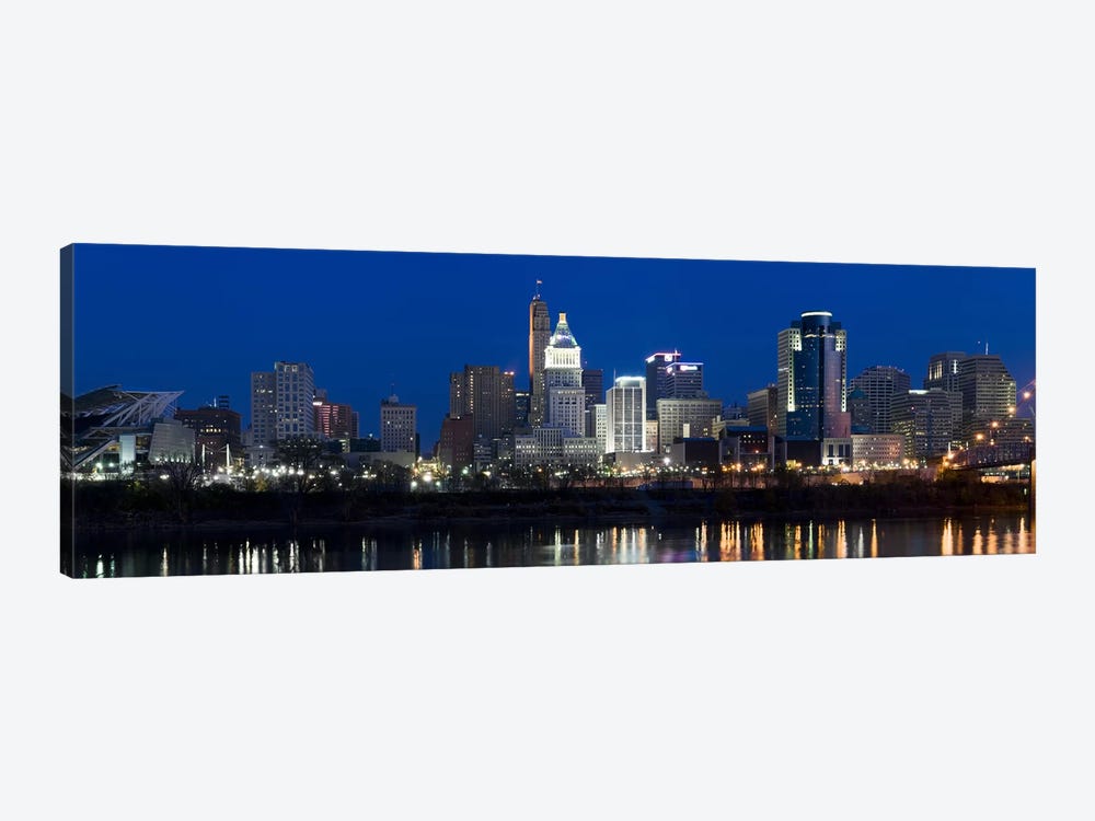 Cincinnati skyline and John A. Roebling Suspension Bridge at twilight from across the Ohio RiverHamilton County, Ohio, USA by Panoramic Images 1-piece Canvas Print