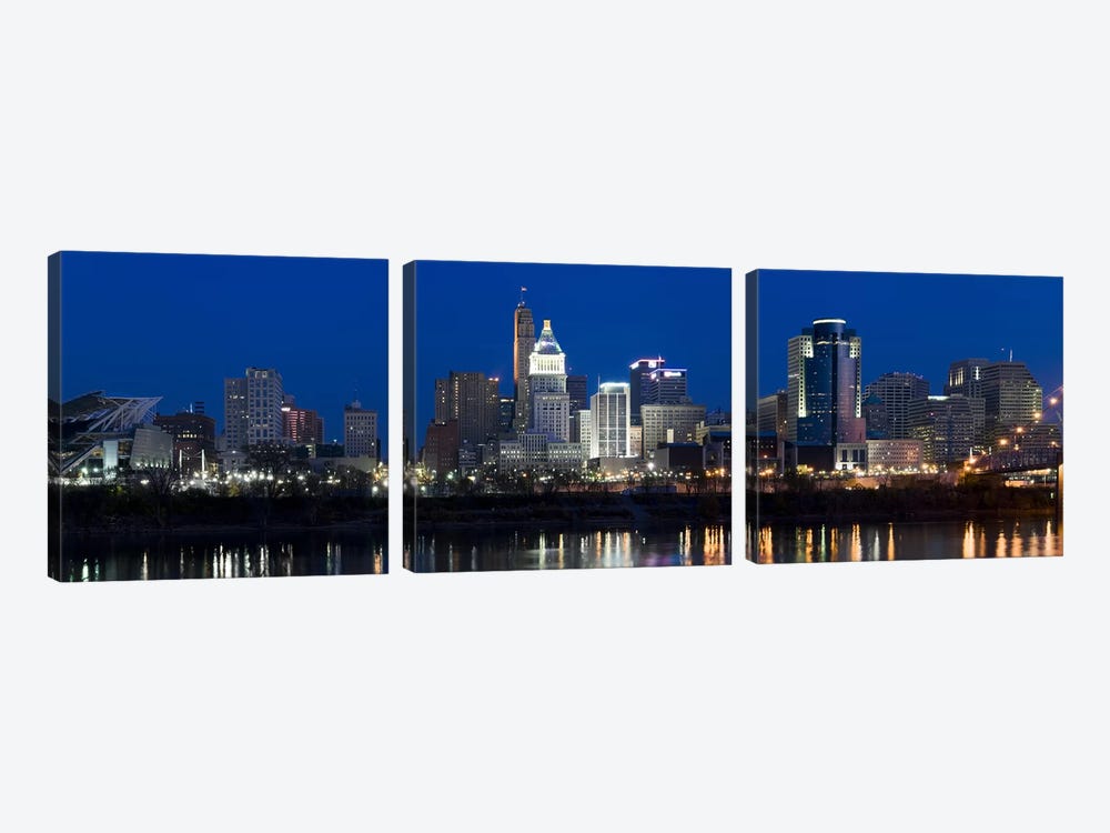 Cincinnati skyline and John A. Roebling Suspension Bridge at twilight from across the Ohio RiverHamilton County, Ohio, USA by Panoramic Images 3-piece Canvas Print