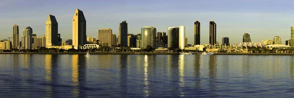 Reflection Of Skyscrapers In Water At Sunset, San Diego, California, USA