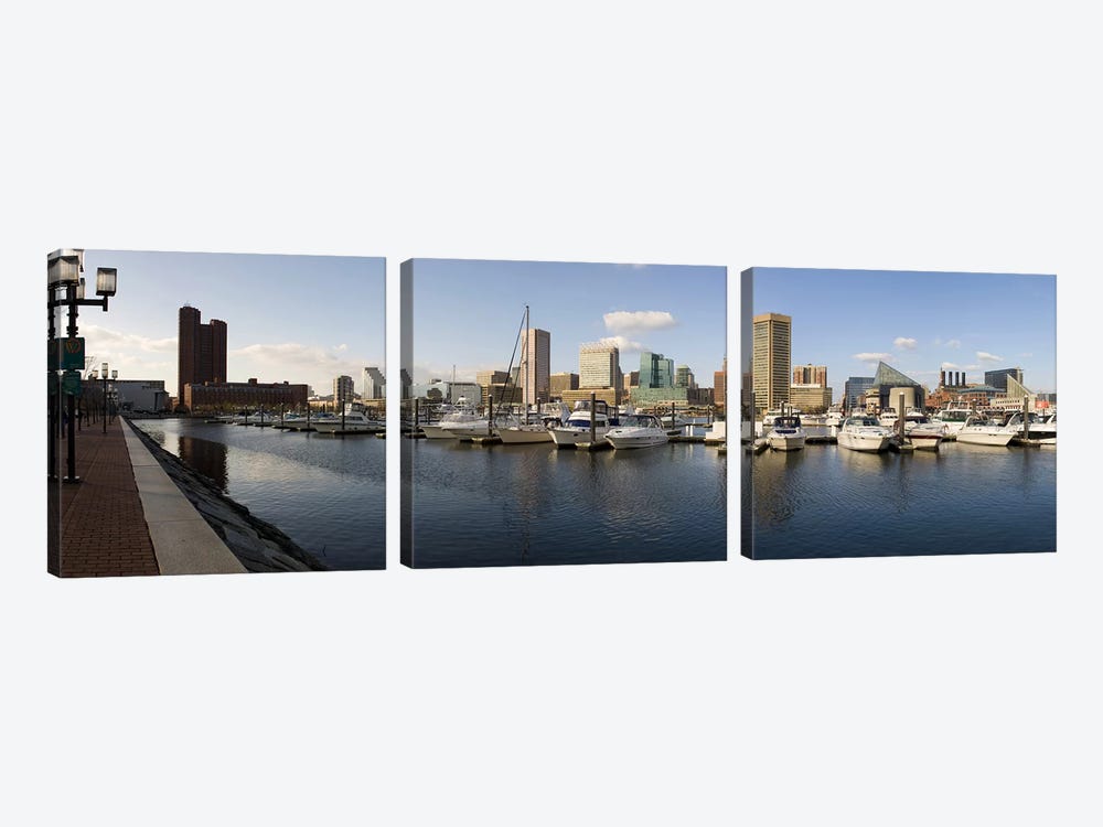 Boats moored at a harbor, Inner Harbor, Baltimore, Maryland, USA 2009 by Panoramic Images 3-piece Art Print