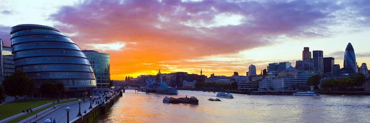 City hall with office buildings at sunsetThames River, London, England