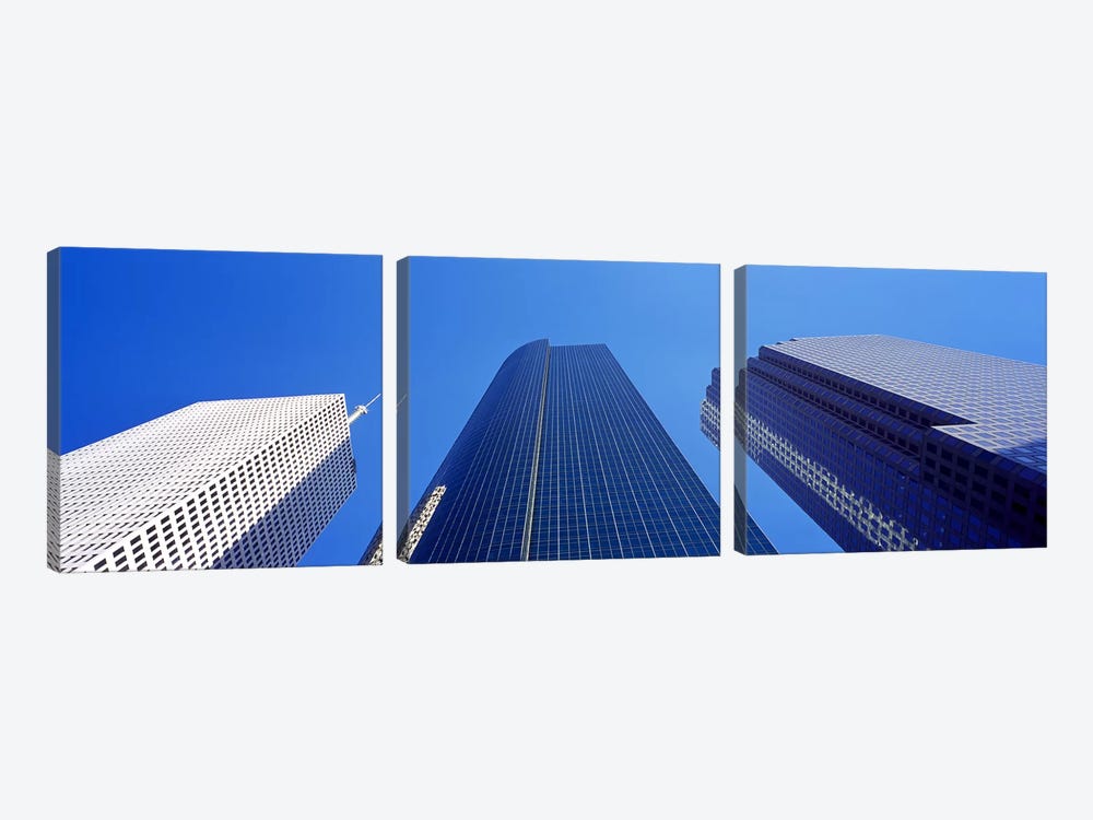 Low angle view of skyscrapers against blue sky, Houston, Texas, USA by Panoramic Images 3-piece Canvas Artwork