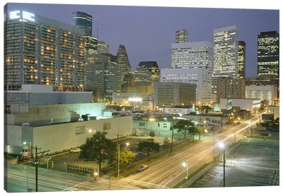 Skyscrapers lit up at night, Houston, Texas, USA #2 Canvas Art Print - City Street Art