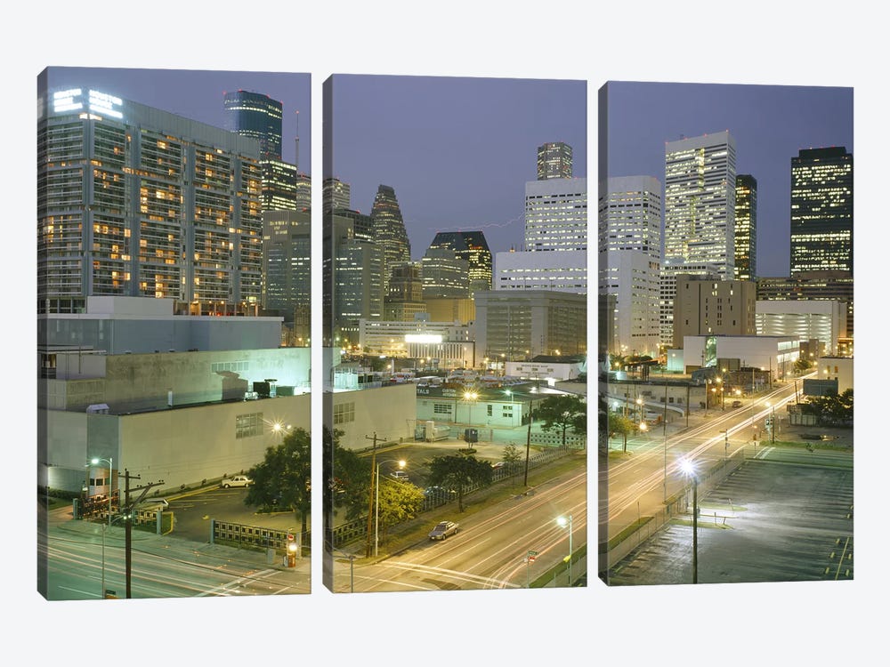 Skyscrapers lit up at night, Houston, Texas, USA #2 by Panoramic Images 3-piece Canvas Art