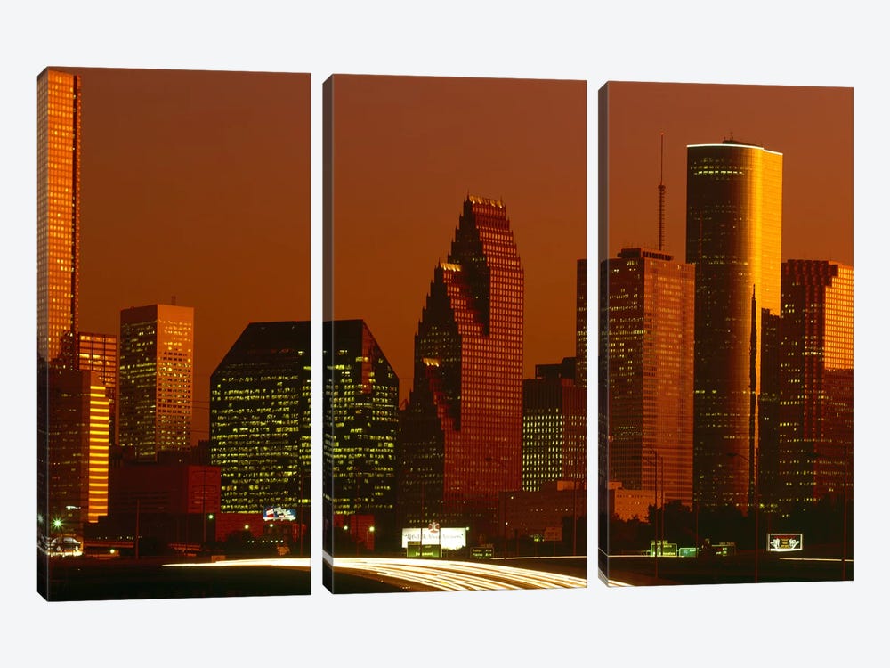 Skyscrapers in a city at sunset, Houston, Texas, USA by Panoramic Images 3-piece Art Print