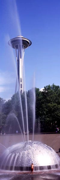 Seattle: Fountain with a tower in the background, Space Needle, Seattle, King County, Washington State, USA by Panoramic Images